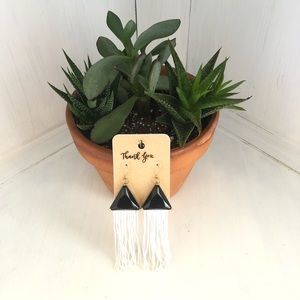 Black Triangle Earrings With White Fringe